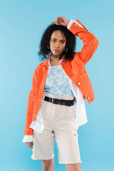 Stylish African American Woman White Shorts Orange Jacket Standing Hand — Stock Photo, Image