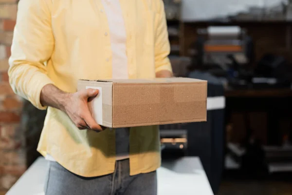 Cropped View Publisher Holding Carton Box Print Center — Stock Photo, Image