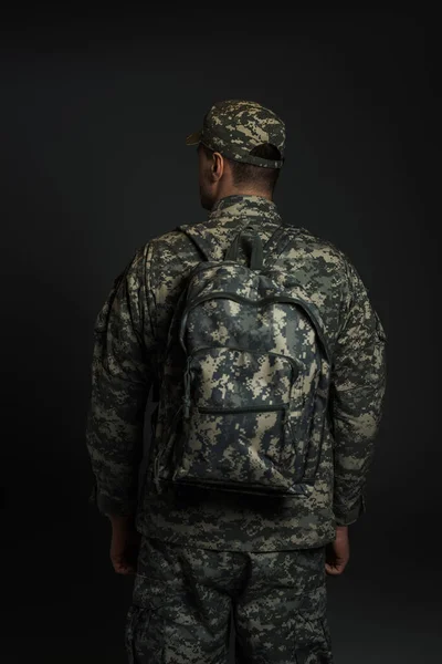 Back View Patriotic Soldier Camouflage Uniform Standing Backpack Isolated Grey — Stock Photo, Image