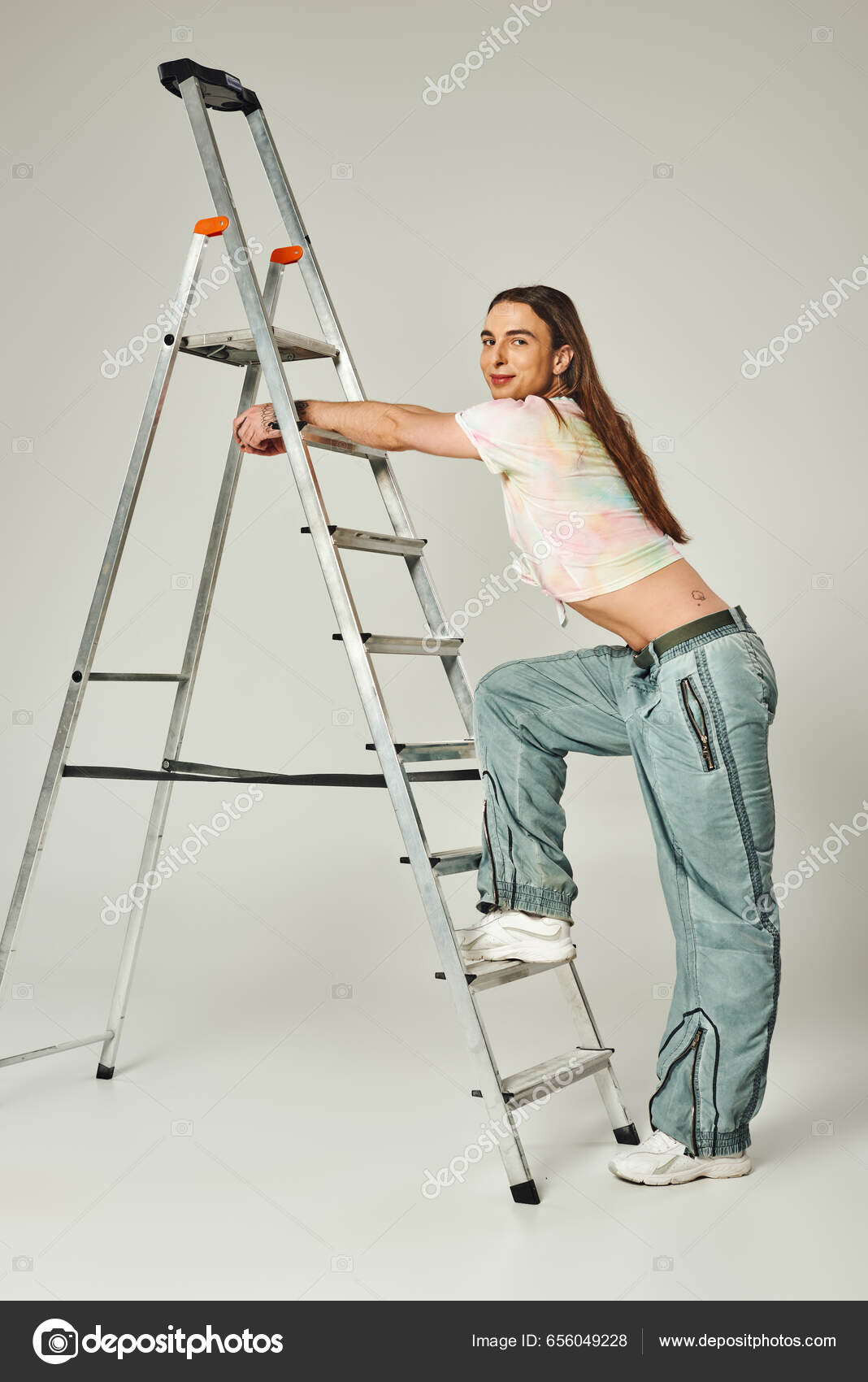 Tattooed Cheerful Gay Man Long Hair Standing Denim Jeans Bare — Stock Photo  © IgorVetushko #656049228