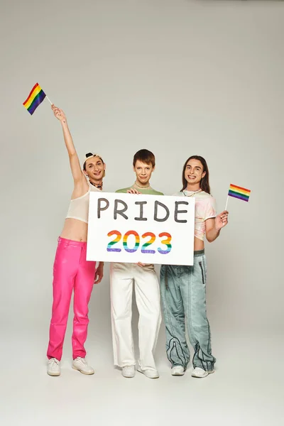 cheerful and tattooed gay men in colorful clothes standing with rainbow flags near queer friend holding pride 2023 placard while celebrating lgbt community holiday, grey background, studio