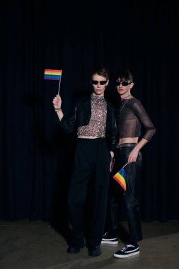Modayı takip eden, güneş gözlüklü ve parti kıyafetli gay arkadaşlarla dolu. Gurur aylarında siyah arka planda gökkuşağı lgbayrakları taşıyorlar. 