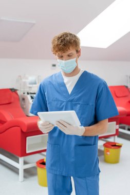 Tıbbi maskeli kızıl saçlı doktor, mavi üniformalı ve lateks eldivenli tıbbi koltukların yanındaki dijital tablete ve kan bağışı merkezinde bulanık arka planda kan nakli makinesine bakıyor.