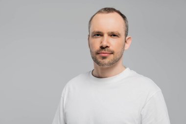 unshaved man with bristle standing in white t-shirt and looking at camera while posing isolated on grey background in studio, copy space, confidence and masculinity  clipart