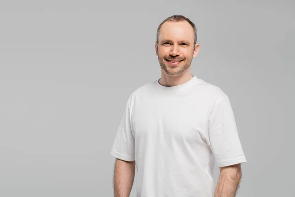 Unshaved Happy Man Bristle Standing White Shirt Looking Camera While — Stock Photo, Image