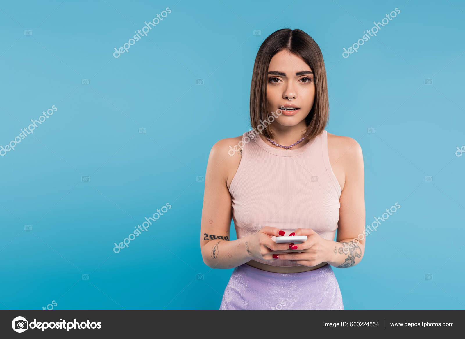 Messaging Smartphone Shocked Young Brunette Woman Short Hair