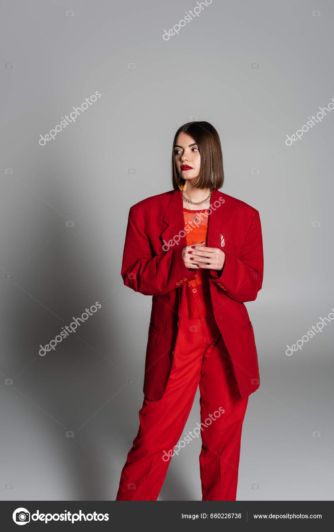 Lady Red Young Brunette Woman Short Hair Nose Piercing Posing