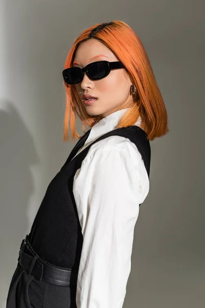 Portrait Young Fashionable Asian Woman Dark Sunglasses White Shirt Black — Stock Photo, Image