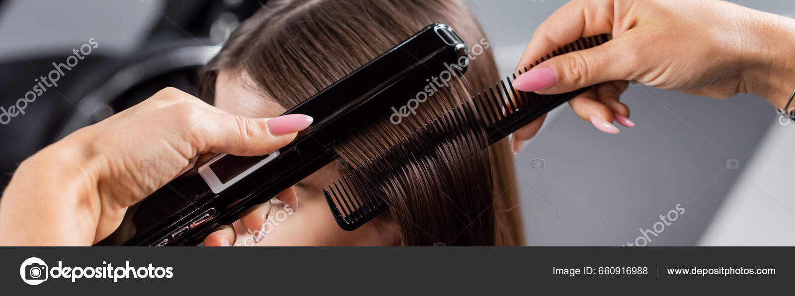 Beauty Profession Straightening Hair Hairdresser Brushing Styling Short Brunette Hair Stock Photo IgorVetushko 660916988