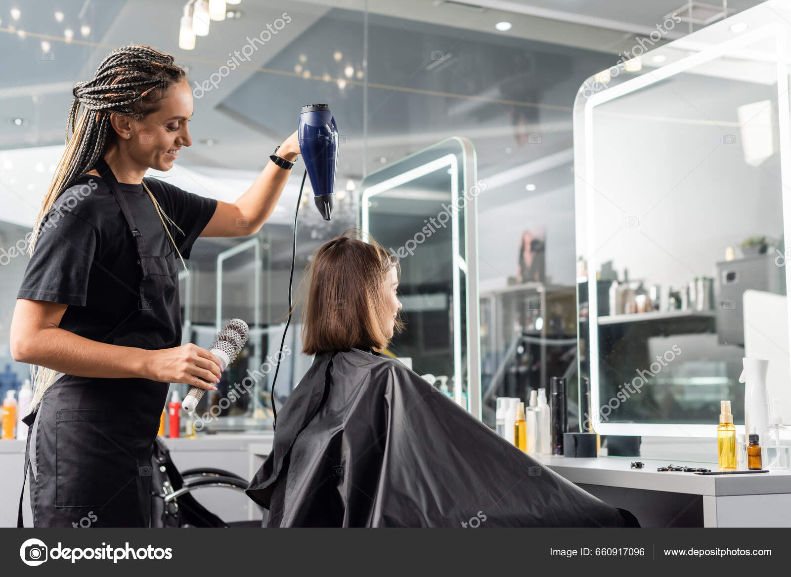 Salon Blow Dry Happy Hairdresser Brush Hair Dryer Styling Hair Stock Photo  by ©IgorVetushko 660917096