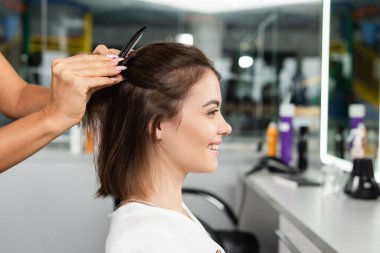 salon job, beauty worker clipping hair of happy woman, professional hair clip, hairstyling, hair treatment, hairdo, extension, salon customer, beauty profession, client satisfaction, side view clipart