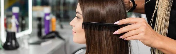 salon job, hair stylist brushing hair of woman, professional hair comb, hairstyling, hair treatment, hairdo, extension, salon customer, beauty profession, client satisfaction, banner