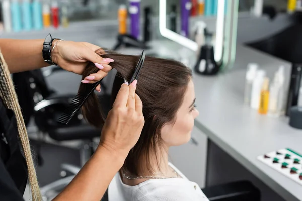salon job, beauty worker brushing and clipping hair of woman, professional hair clip, comb, hairstyling, hair treatment, hairdo, extension, salon customer, beauty profession, high angle view