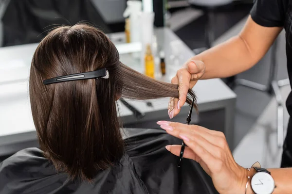 Hair Salon Tools Scissors Professional Hairdresser Cutting Short Brunette Hair — Stock Photo, Image