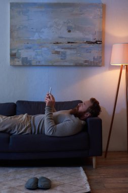Mobil etkileşim, kızıl saçlı sakallı adam akıllı telefon kullanıyor, kanepede dinleniyor, duvarda resim yapıyor, terlikler halıda, gece lambanın ışığı, boş zaman, rahat yaşam, dijital çağ 