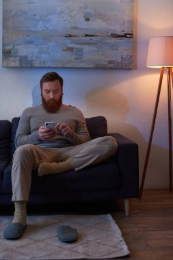 Telefon bakımı, mobil etkileşim, kızıl saçlı sakallı adam akıllı telefon kullanıyor, kanepede oturuyor duvarda resim yapıyor, terlikler halıda, gece, lambadan gelen ışık, boş zaman, dijital yaş 