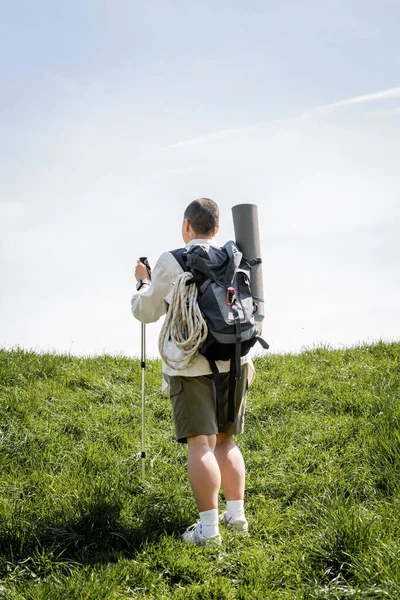 stock image Back view of young short haired female tourist with backpack and travel equipment holding trekking pole and walking on grassy hill at background, explorer woman discovering hidden trails