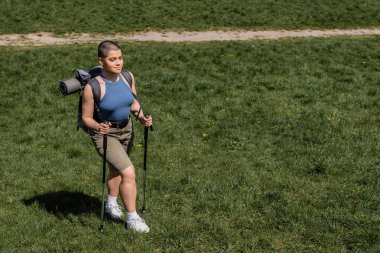 High angle view of smiling young short haired female hiker with backpack holding trekking poles and walking on grassy lawn at background, solo hiking journey concept, summer clipart