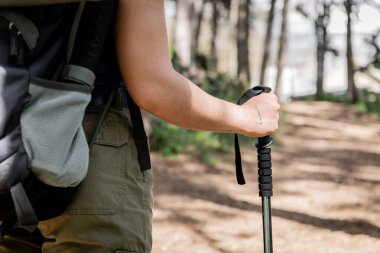 Arka planda bulanık yaz ormanlarında yürürken sırt çantasıyla gezen dövmeli genç kadın turist manzarası, sağlık ve sağlık için yürüyüş, dövmenin çevirisi: aşk