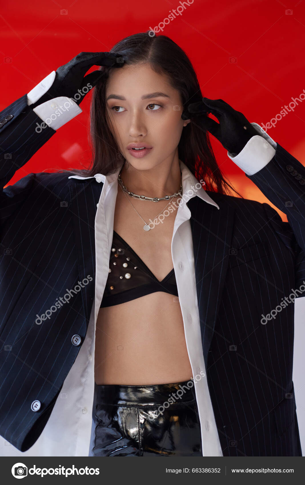 Fashion Forward Young Asian Model Bra White Shirt Blazer Posing
