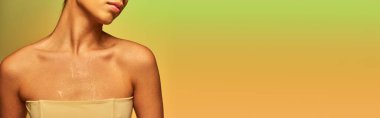hydration, cropped view of young woman with bare shoulders and wet body posing on gradient background, skincare campaign, beauty model, glowing skin, green background, natural beauty, banner clipart