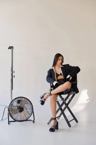 Studio Photography Asian Model Blazer White Shirt Latex Shorts Sitting — Stock Photo, Image