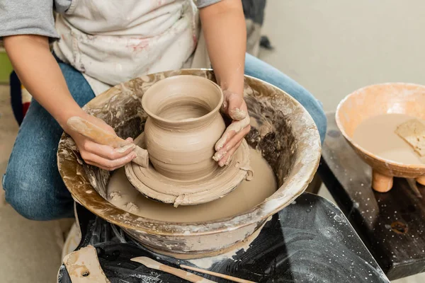 Cropped View Young Female Potter Apron Making Shape Clay Vase — Stock Photo, Image