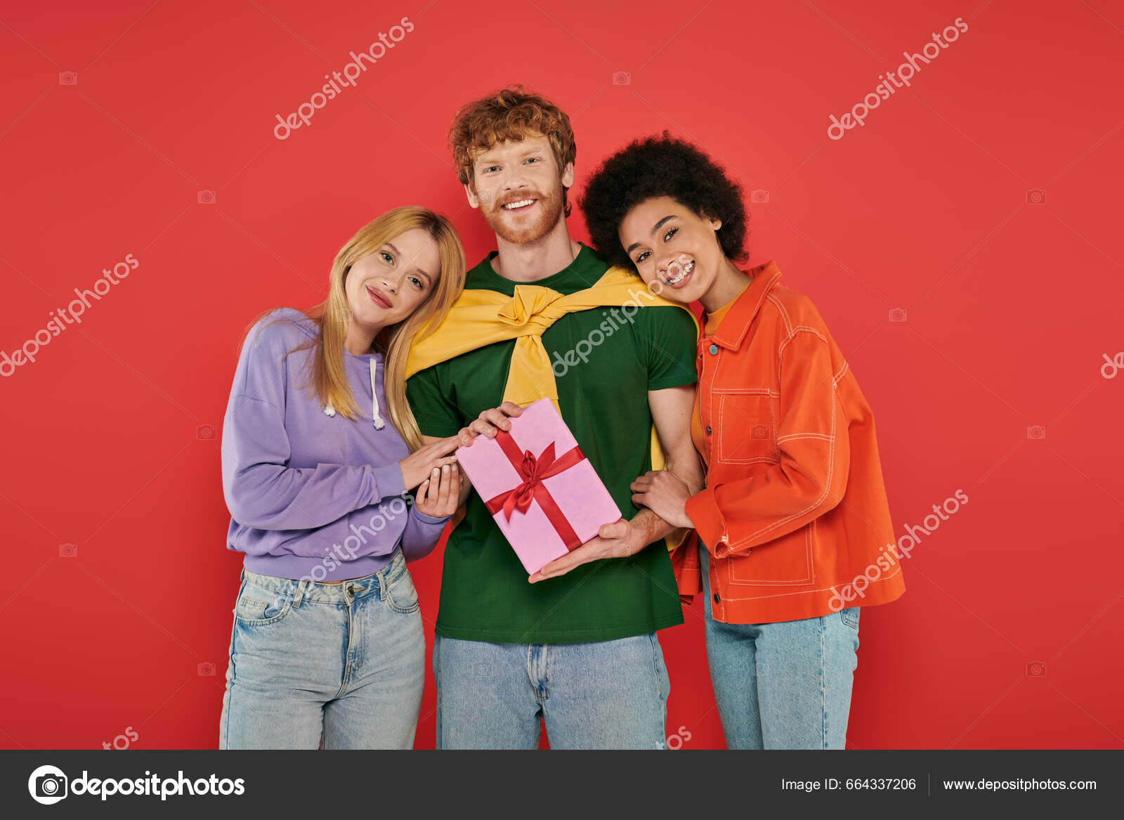 Open Relationship Polygamy Cheerful Redhead Man Holding Gift Box Interracial  — Stock Photo © IgorVetushko #664337206