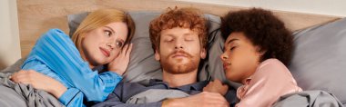 love triangle, polyamorous relationship, polygamy, three adults sleeping together, redhead man and multicultural women in pajamas, bedroom, cultural diversity, acceptance, bisexual, banner clipart