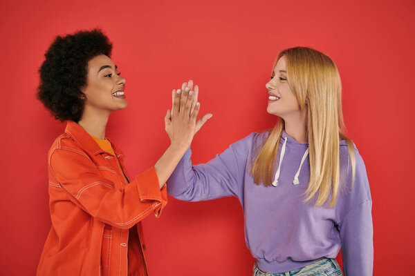 cultural diversity, cheerful multicultural women giving high five on coral background, blonde and brunette, diverse friends, sisterhood, friendship goals, studio shot, female friends 