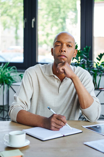 professional headshots, man with ptosis taking notes, bold african american businessman looking at camera, dark skinned office worker with myasthenia gravis disease, diversity and inclusion 