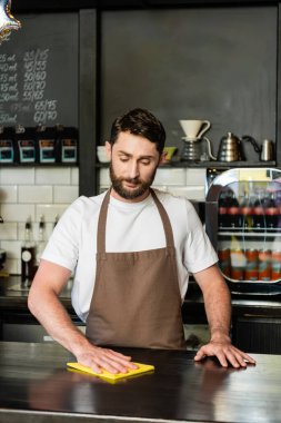 Önlük giymiş sakallı barmen ve kahve dükkanında çalışırken bez parçası tutuyor.