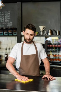 bearded barista in apron cleaning bar and holding rag while working in coffee shop clipart