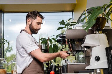 Kahve makinesinin yanında önlüklü sakallı barista kahve dükkanında çalışırken.
