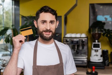 smiling barista in apron looking at camera and holding credit card in coffee shop