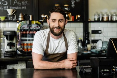 Kafenin barında dikilirken kameraya bakan neşeli sakallı barmen.