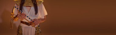 Cropped view of woman in elegant egyptian look holding flail on brown background, banner clipart