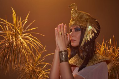 Mısırlı esmer kadın, kahverengi tenli çöl bitkilerinin yakınında dua ediyor.