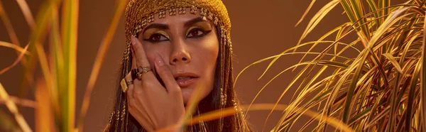 Жінка Єгипетському Голові Торкаючись Щоки Стоячи Поруч Рослинами Ізольовані Коричневому — стокове фото