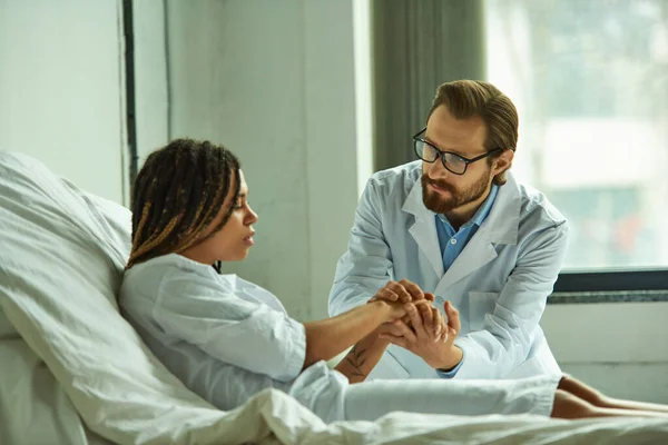 Doctor Holding Hands Sad African American Woman Comforting Patient Private — Stock Photo, Image