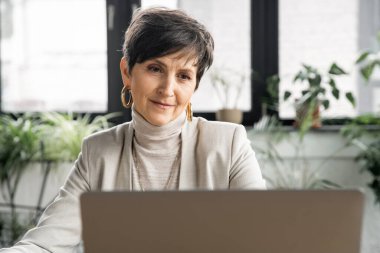 Modern ofiste dizüstü bilgisayarın yanında çalışan orta yaşlı pozitif iş kadını, iş başarısı