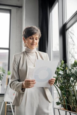 Olgun iyimser iş kadını ofiste grafikleri, verimliliği, büyümesi olan belgelere bakıyor