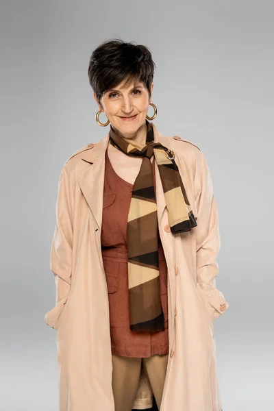 Happy Mature Woman Looking Camera Grey Fall Fashion Trench Coat — Stock Photo, Image