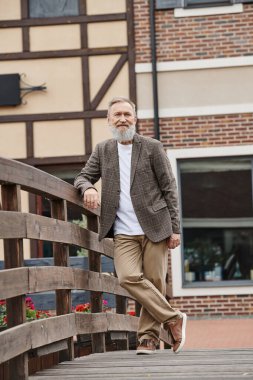 happy bearded and senior man standing on wooden bridge, positive, urban life, elderly, full length clipart