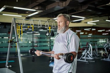 Spor salonunda halterle egzersiz yapan sakallı yaşlı bir adam, aktif son sınıf öğrencisi, sporcu, güçlü.