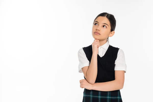 Pensive Schoolmeisje Zwart Vest Weg Kijken Geïsoleerd Wit Denken Schooluniform — Stockfoto