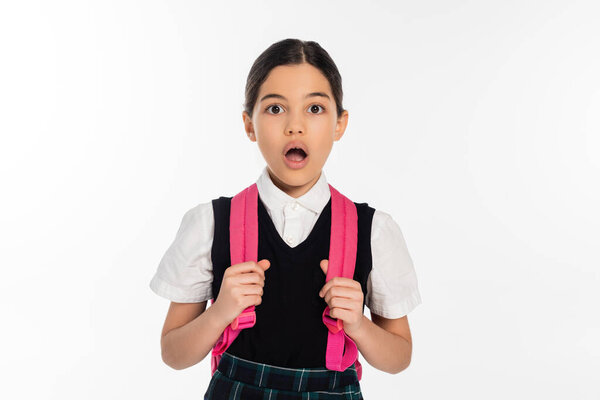 new school year, shocked girl with backpack looking at camera isolated on white, student in uniform