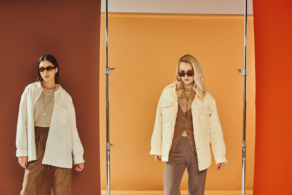 Разнообразные культуры женщины в солнцезащитных очках и осенней верхней одежде позируют на красочном фоне, осенней моде