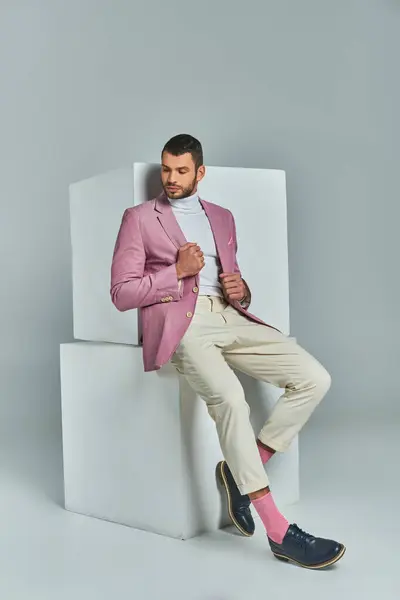 Full Length Trendy Man Pastel Purple Blazer White Pants Posing — Stock Photo, Image