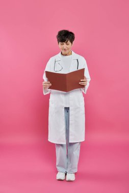 female oncologist, mature doctor holding folder, breast cancer awareness concept, medical record clipart